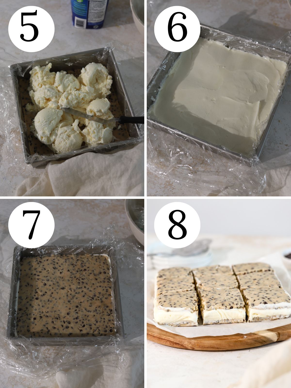 A four photo collage showing how to add ice cream to cookie dough ice cream sandwiches. 