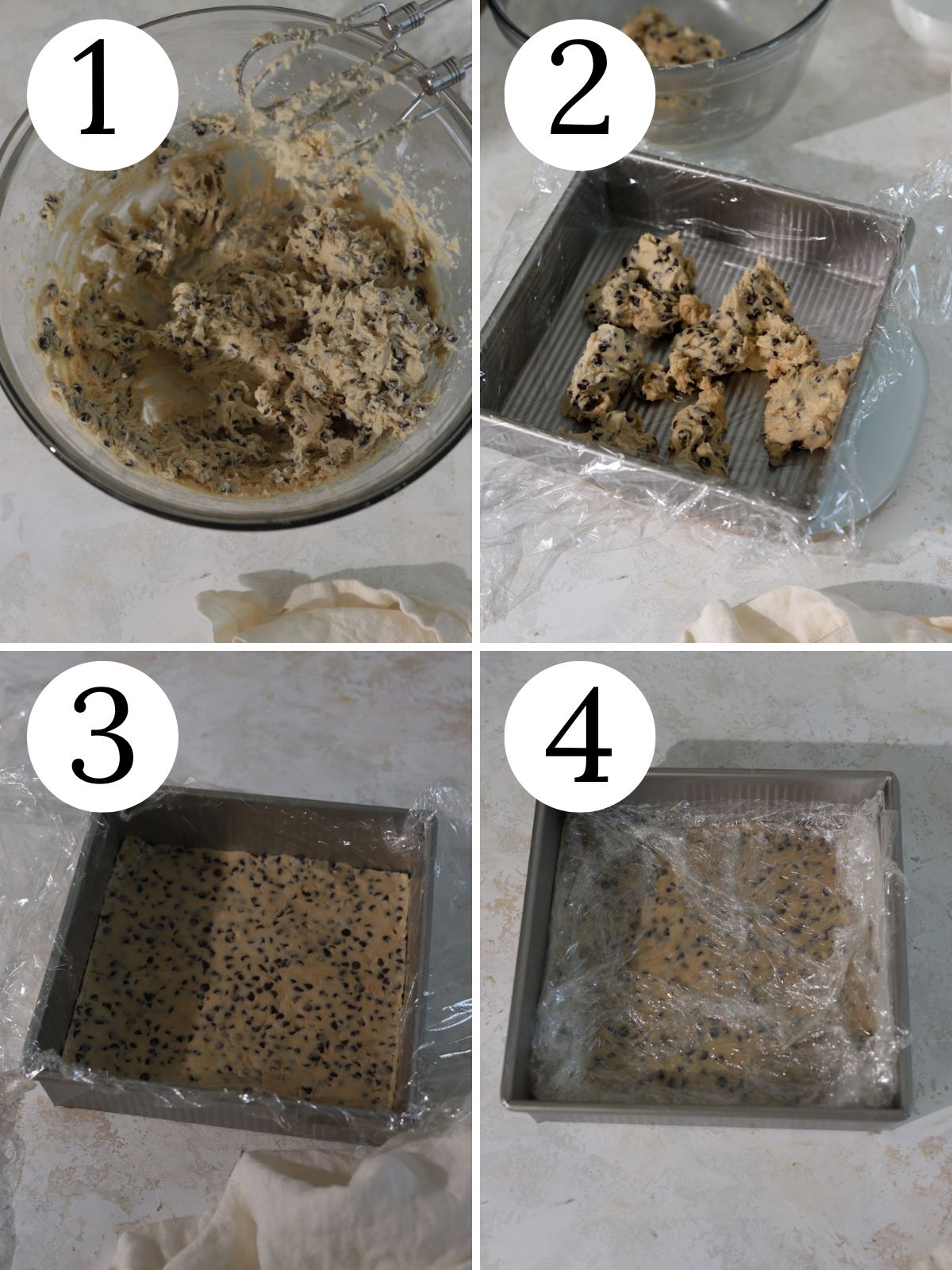 A four photo collage showing steps for making cookie dough layers. 