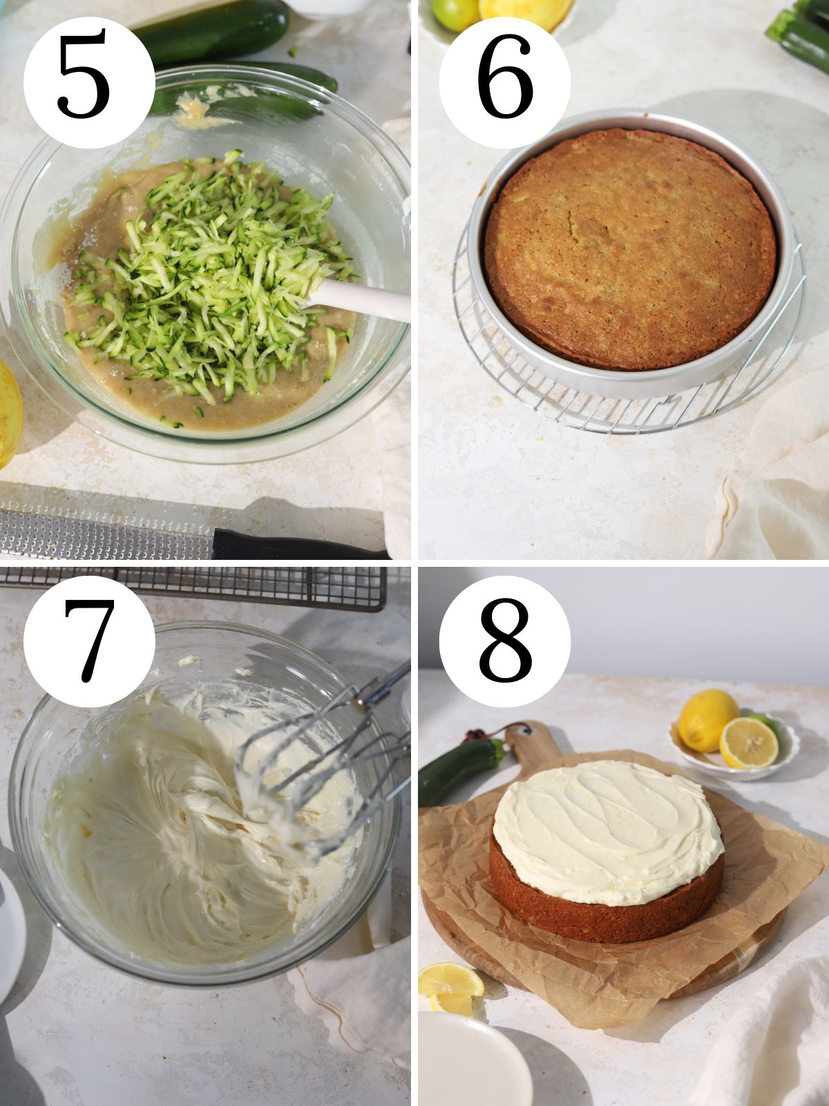 A four photo collage showing how to bake and frost zucchini cake.