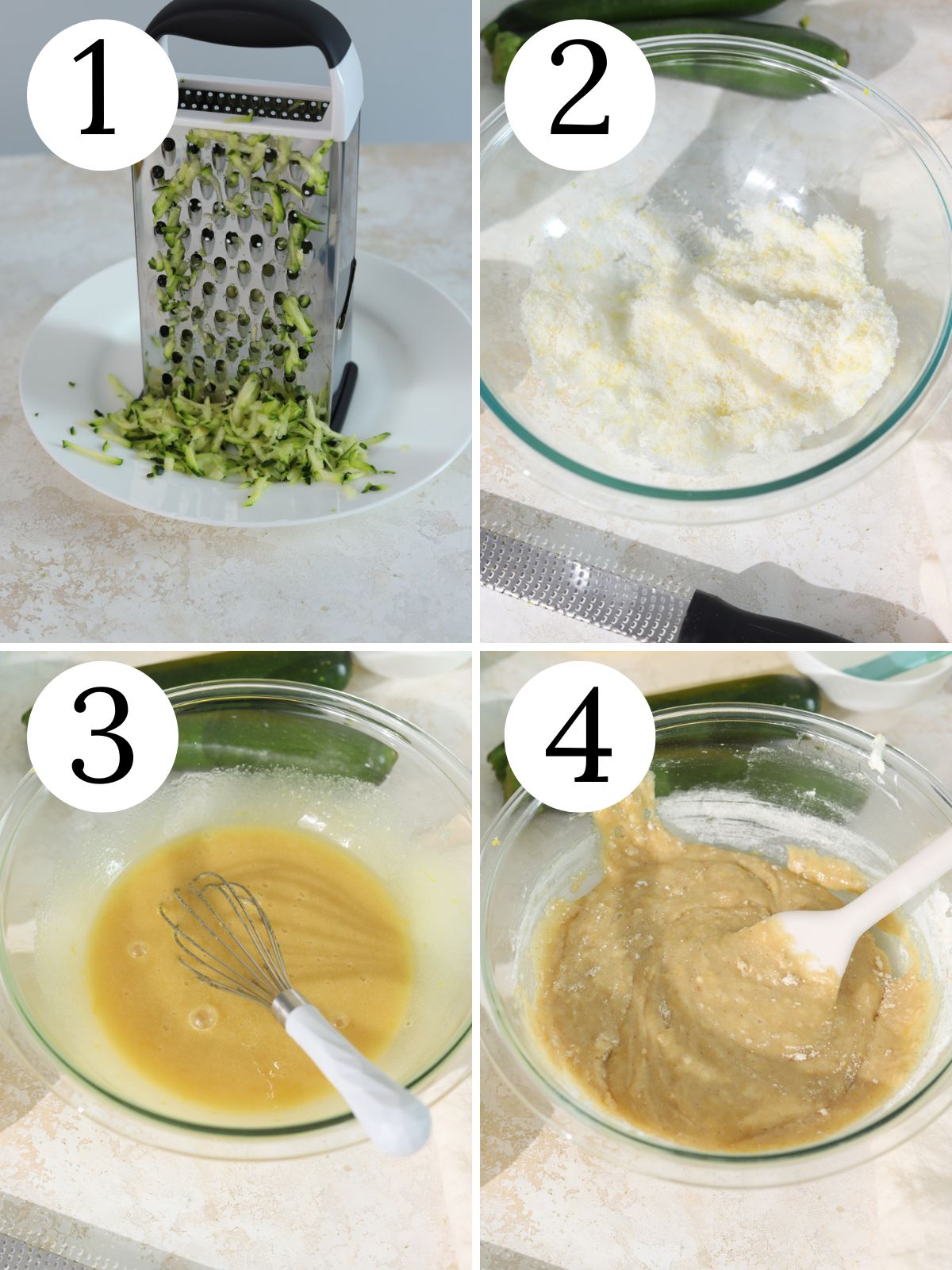 A four photo collage showing steps for making lemon zucchini cake.