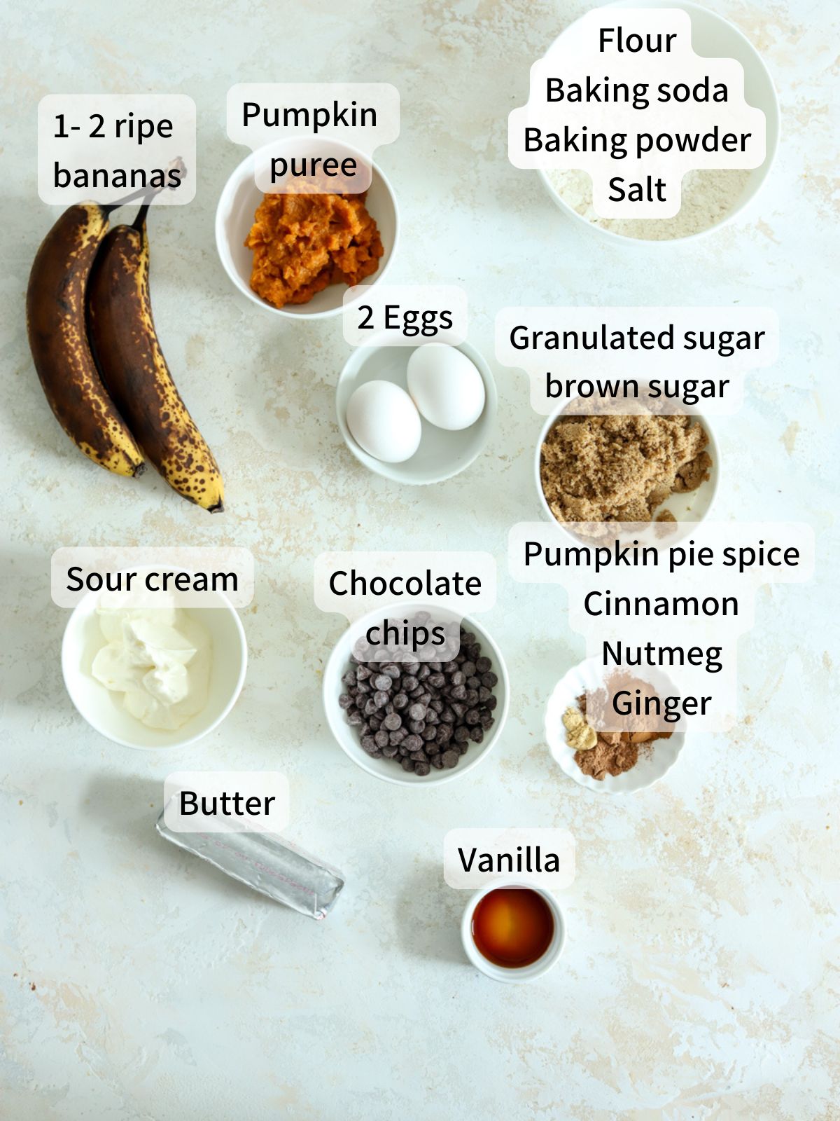 Labeled ingredients needed to make chocolate pumpkin banana bread laid out on a table.