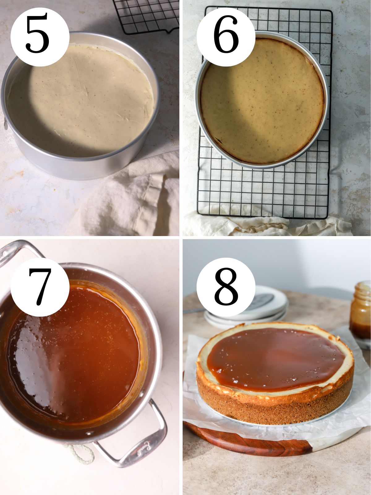 A four photo collage showing steps for baking and decorating brown butter cheesecake