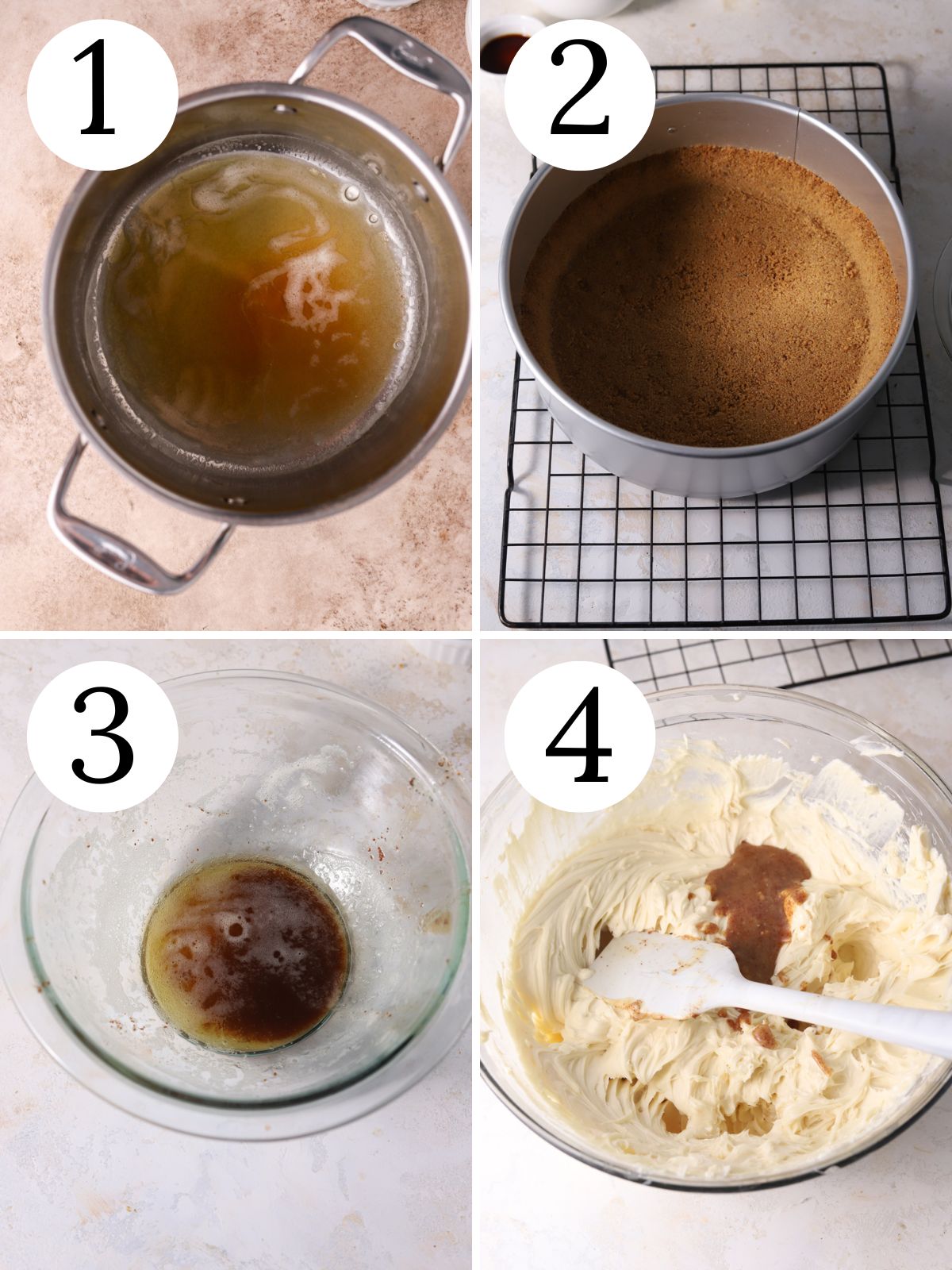 A four photo collage showing steps for making brown butter cheesecake.