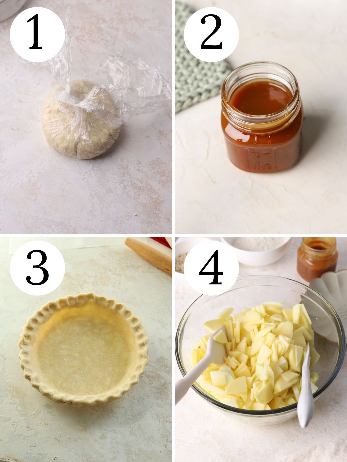 A four photo collage showing steps for making apple crisp pie.