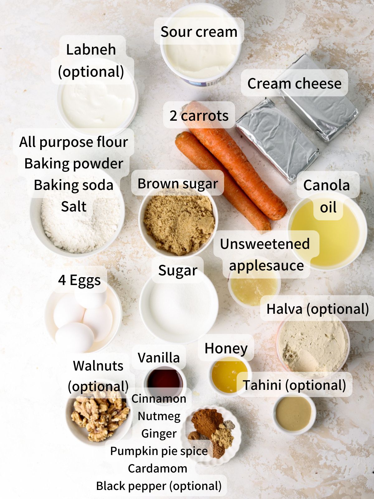 Labeled ingredients needed to make carrot cake cheesecake laid out on a table.