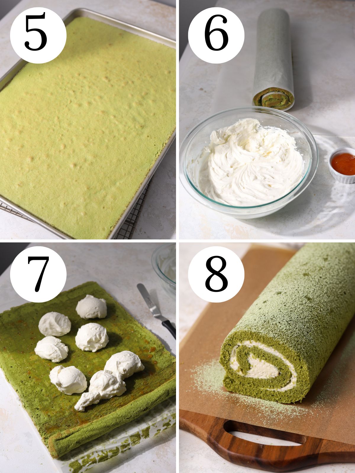 A four photo collage showing how to assemble a matcha cake roll.