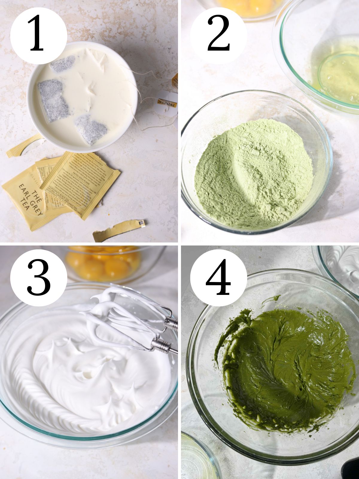 A four photo collage showing steps for making matcha cake batter and earl grey whipped cream.