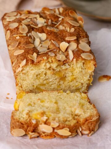 A loaf of mango bread sliced.