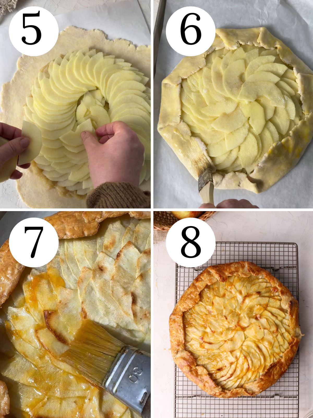 A four photo collage showing how to assemble and bake an apple tart.