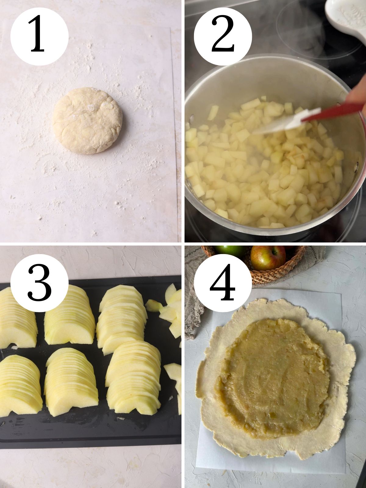 Step by step photos showing how to assemble crust, compote and apples for tart.
