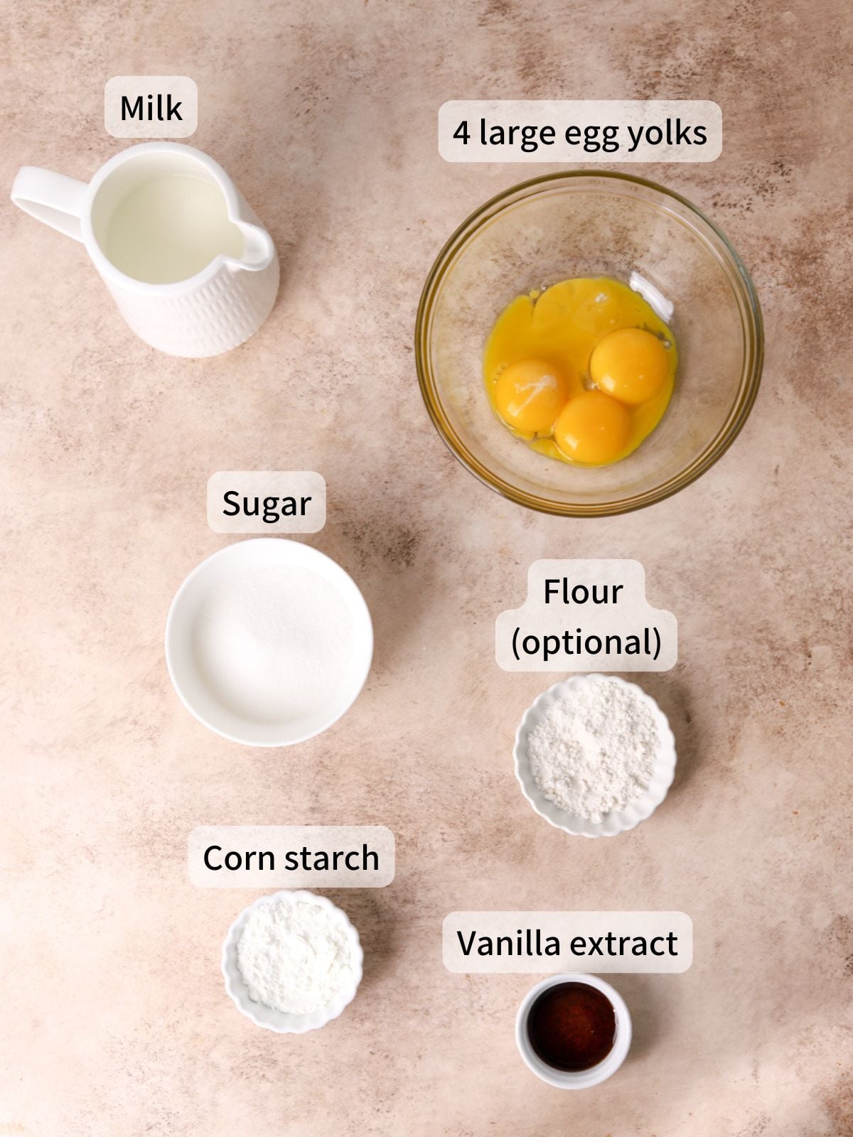 Labeled ingredients needed to make pastry cream laid out on a table.