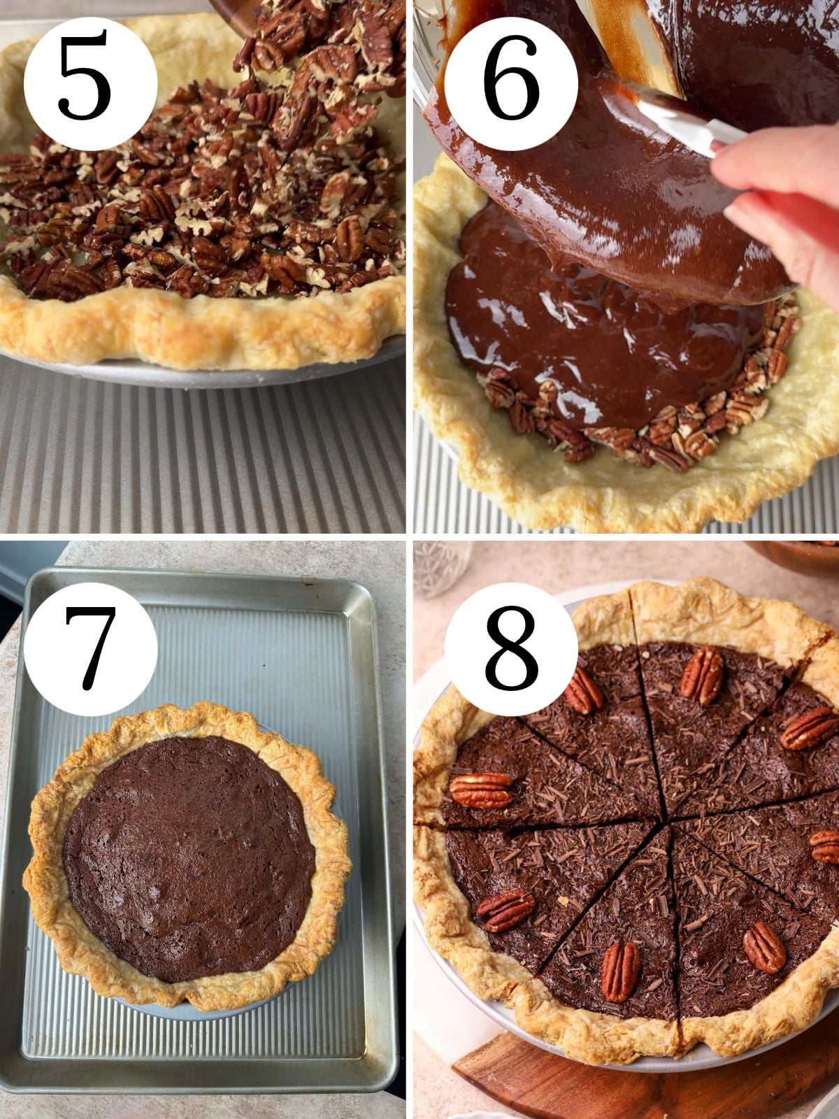 A four photo collage showing how to bake a chocolate and pecan pie.