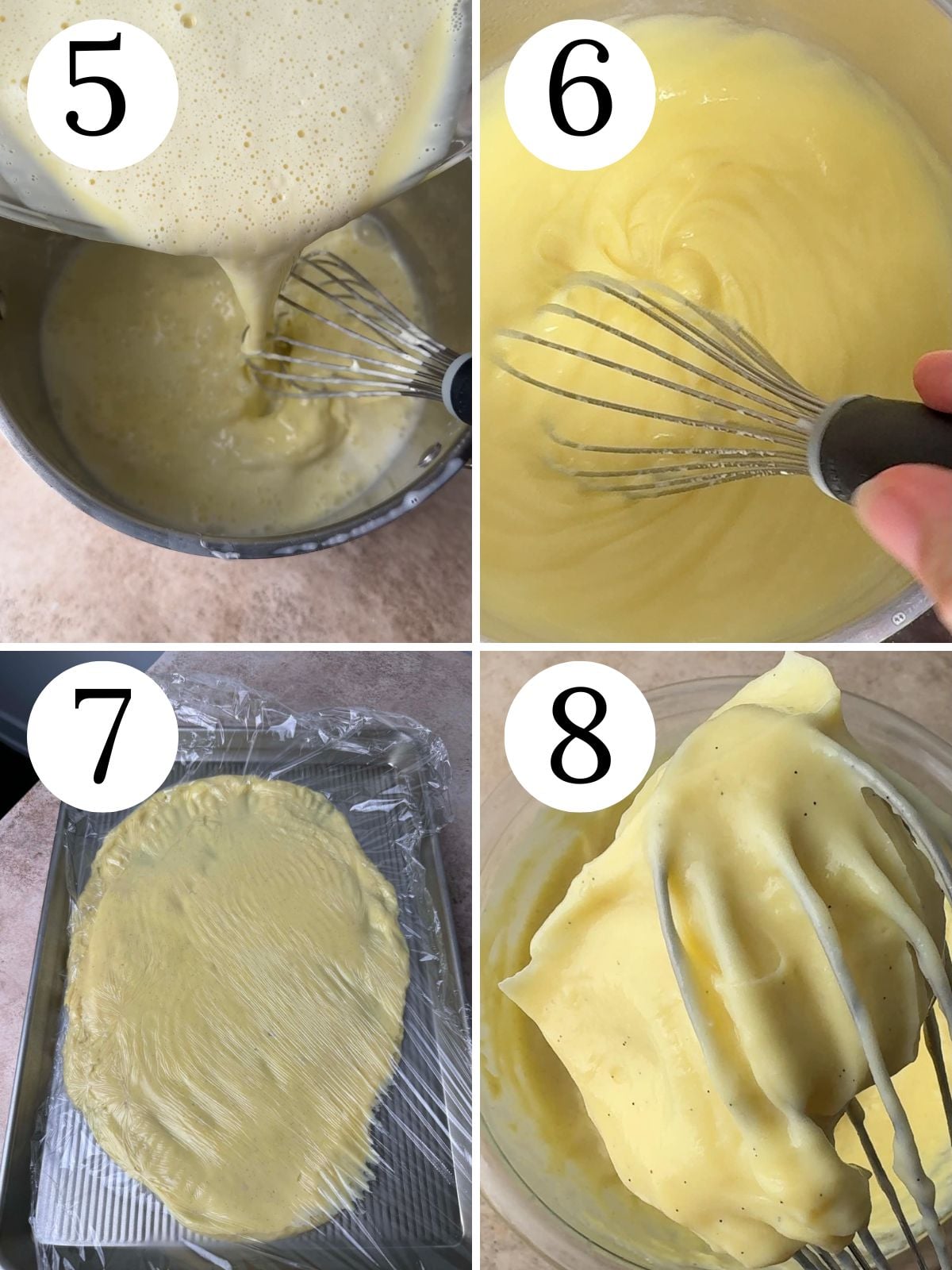 A four photo collage showing steps for making and cooling pastry cream.