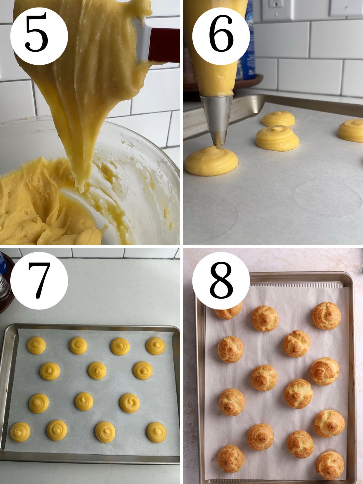 A four photo collage showing how to pipe and bake choux pastry.