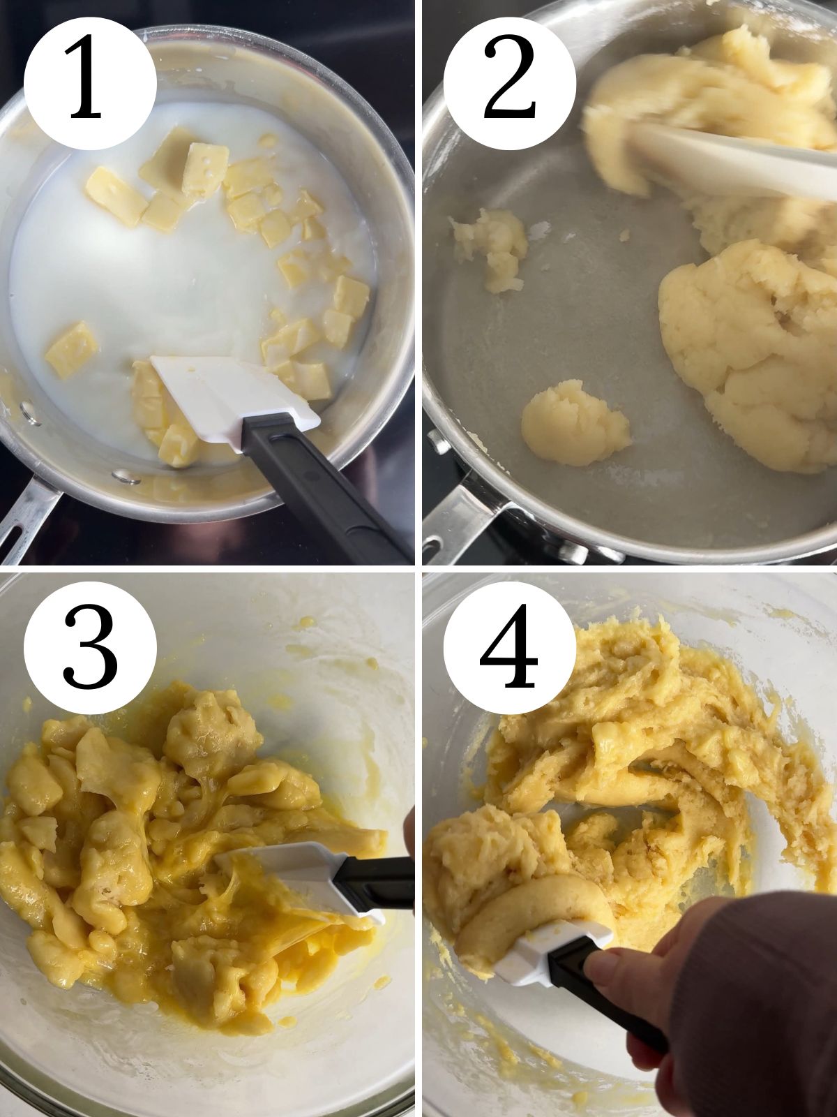 A four photo collage showing how to make choux pastry.