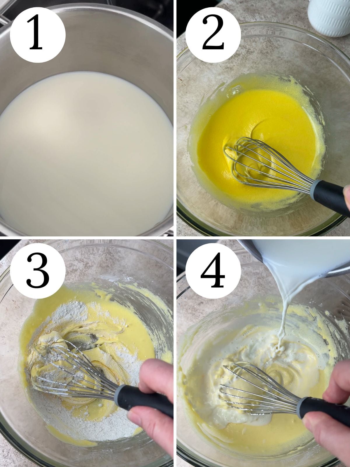A four photo collage showing how to make pastry cream.
