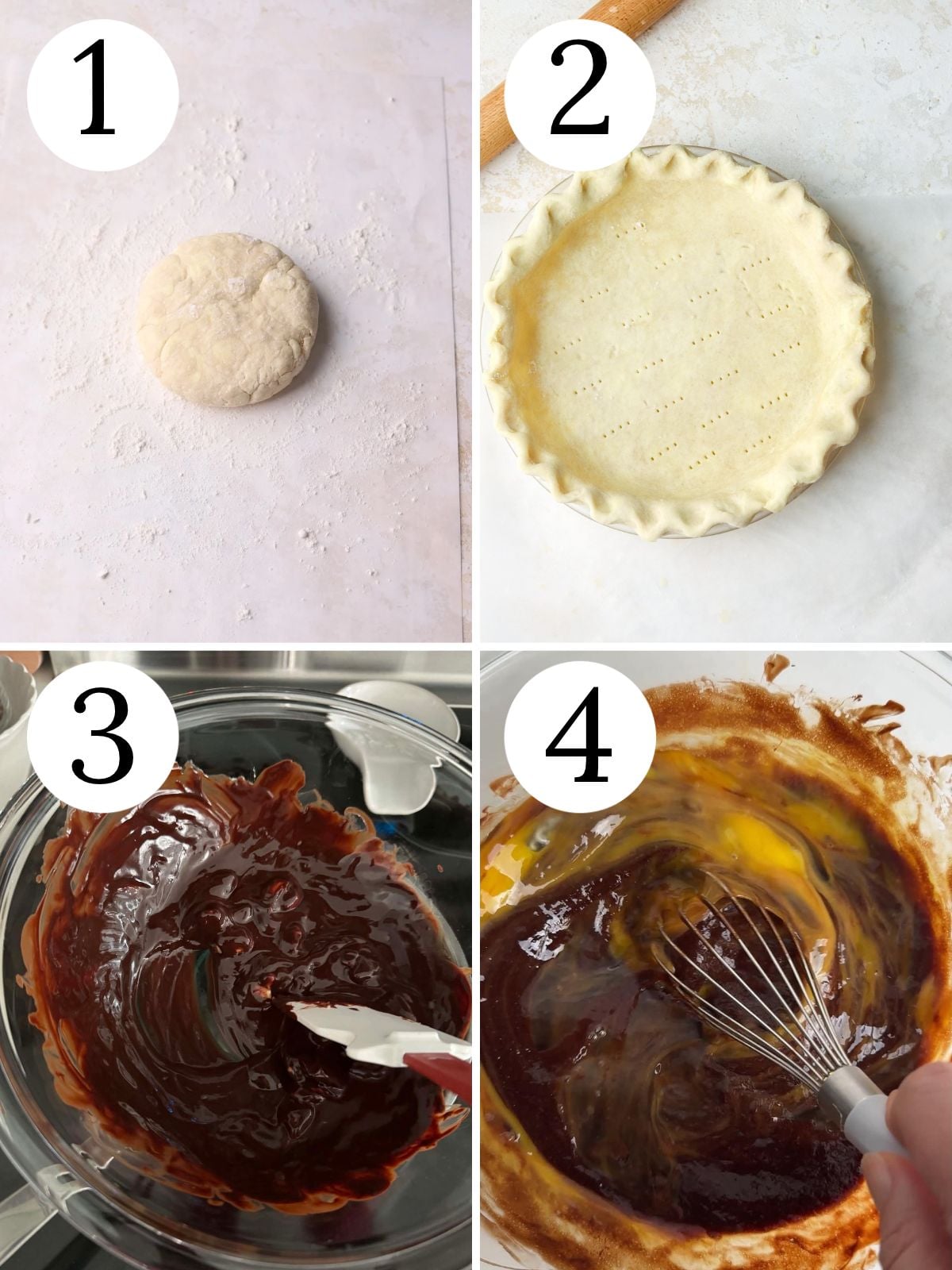 A four photo collage showing how to make pie crust and chocolate filling. 